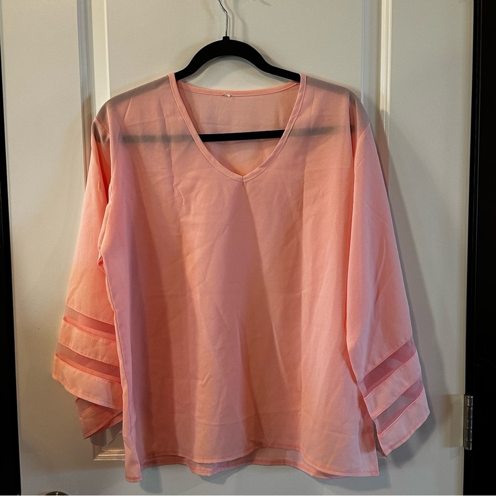 Peachy Pink V-Neck Bell Sleeve Blouse with Mesh Panels| Size Large